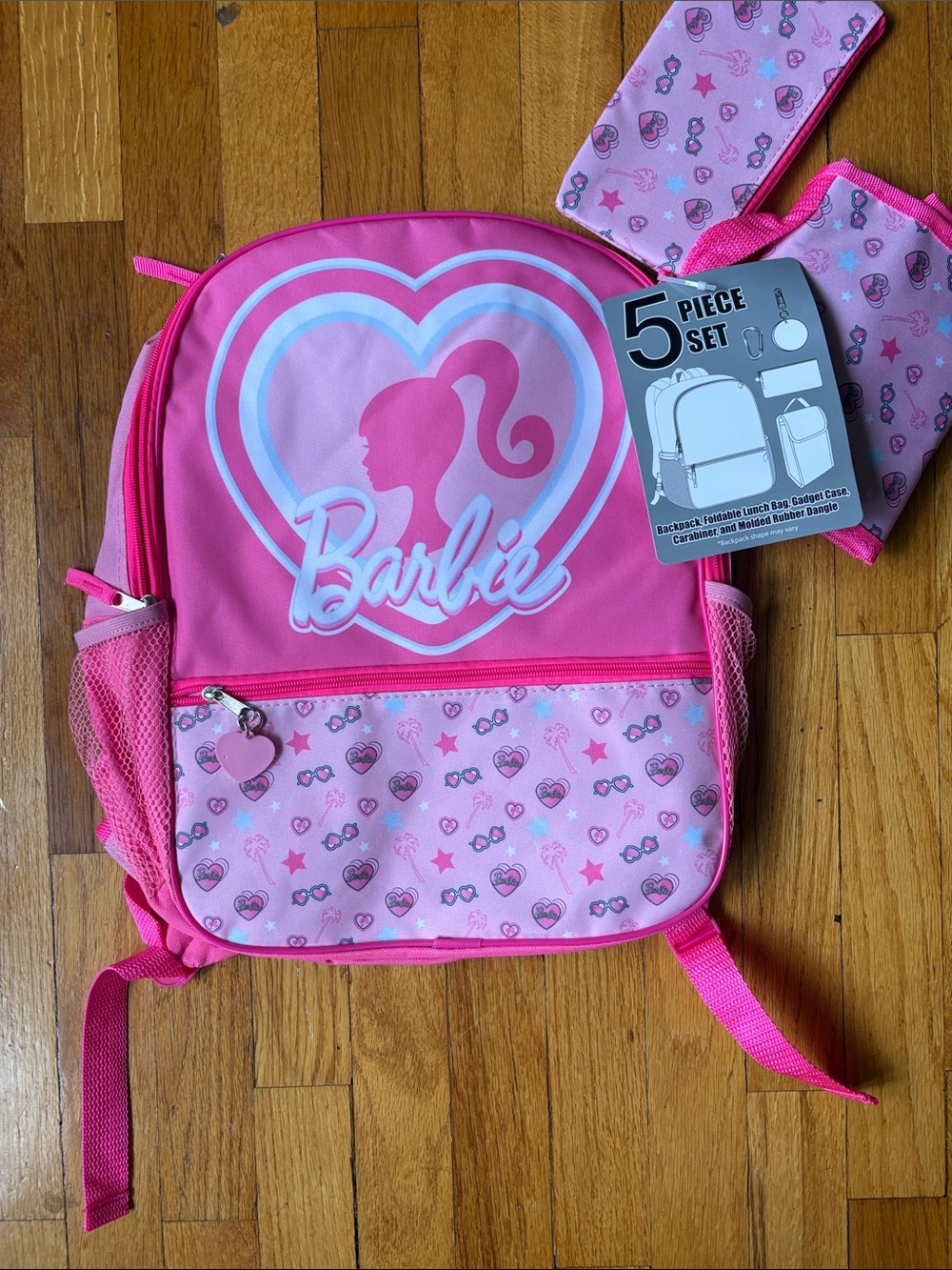 NWT Barbie Pink Heart Logo 5-Piece Kids Backpack Set